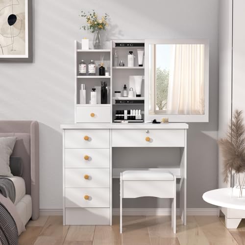 OIJHHFYGDK Moderner Schminktisch mit Spiegel, Schminktisch mit 6 Schubladen und offenen Regalen, Schlafzimmer-Schminktisch-Set mit Hocker von OIJHHFYGDK