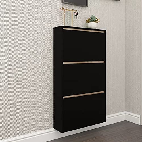 OIJHHFYGDK Schmaler Schuhschrank, moderner Schuhschrank aus Holz, freistehende Schuhaufbewahrung mit 3 Klappschubladen für den Kleiderschrank (schwarz ohne Beine, 80 cm) von OIJHHFYGDK