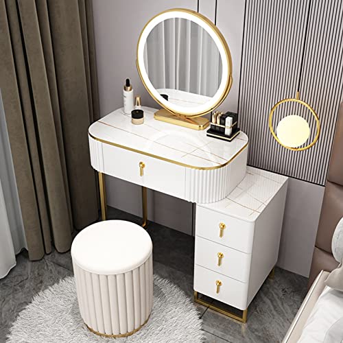 OIJHHFYGDK Schminktisch-Set mit 3-farbigem, verstellbarem und um 360° drehbarem Spiegel – Schminktisch mit 4 Schubladen und einziehbarem Design – Schminktisch für Schlafzimmer und Badezimmer von OIJHHFYGDK