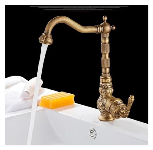 OIJHHFYGDK Wasserhahn, V-intage Antiker Küchenhahn Heiß Kalt Drehbar Badezimmer Waschbecken Geschnitzter Waschtisch Mischbatterie Massivmessing von OIJHHFYGDK