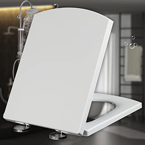 OIJHHFYGDK Weißer Toilettensitz mit Absenkautomatik, quadratische Form, robuste Toilettensitze, WC-Sitz mit Deckel – Befestigung Oben, einfach zu montieren für Badezimmer,Weiß-44~50 * 37cm von OIJHHFYGDK