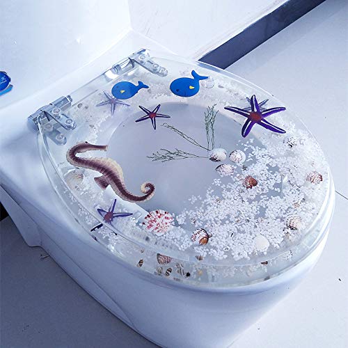 Toilettendeckel mit Absenkautomatik, Toilettensitzbezug aus Kunstharz, strapazierfähiger Toilettendeckel mit Kunst-3D-Effekt, mit echten Blumen, Muscheln und Sand für U-/V-/O-Typ – Top-Fix-Beschläge/ von OIJHHFYGDK