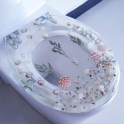 Toilettendeckel mit Absenkautomatik, Toilettensitzbezug aus Kunstharz, strapazierfähiger Toilettendeckel mit Kunst-3D-Effekt, mit echten Blumen, Muscheln und Sand für U-/V-/O-Typ – Top-Fix-Beschläge/ von OIJHHFYGDK