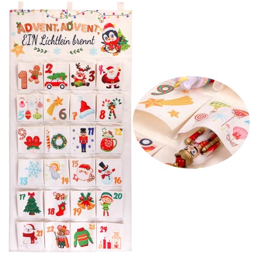 OIOYLEY Adventskalender 2024 als Wandkalender aus Stoff, Weihnachtskalender Adventskalender zum Aufhängen Weihnachtsdeko Party Favors, mit 24 Taschen, Wiederverwendbarer Wandteppich Set (Bunt) von OIOYLEY