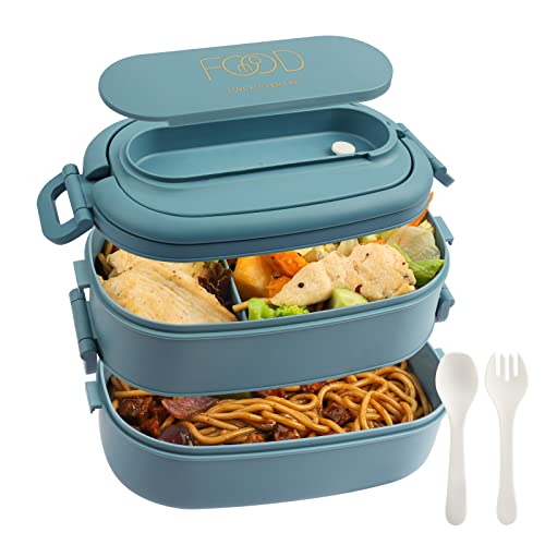 OITUGG Brotdose 2 Etagen, 54.55 oz Lunchbox für Erwachsene, 3 Fächern Bento Lunch Box mit Löffeln und Gabeln, BPA Frei, Mikrowellengeeignet, 1550ml Kapazität, Größe 19 x 12 x 12cm, Hellblau von OITUGG