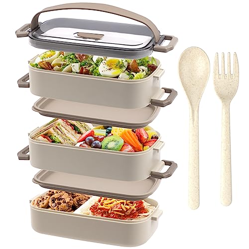 OITUGG Lunch Box 3 Etagen - 2200ml Bento Box für Erwachsene - Brotdose Schule für Kinder, mit Besteck und 3 stk Fächern Einstellbar, BPA Frei, Mikrowellengeeignet, Beige, ohne Edelstahl Inner von OITUGG