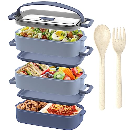 OITUGG Lunch Box 3 Etagen - 2200ml Bento Box für Erwachsene - Brotdose Schule für Kinder, mit Besteck und 3 stk Fächern Einstellbar, BPA Frei, Mikrowellengeeignet, Blau, ohne Edelstahl Inner von OITUGG