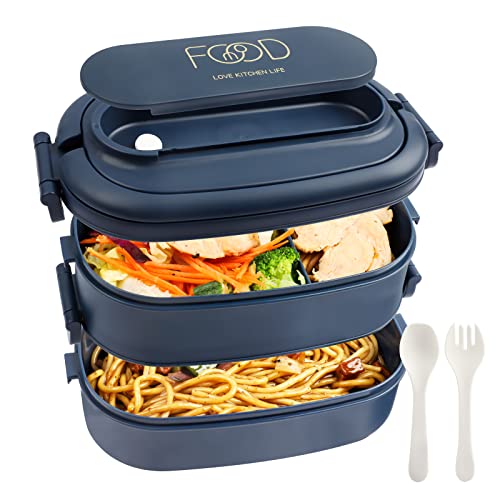 OITUGG Lunch Box 2 Etagen - 1550ml Bento Box für Erwachsene - Brotdose Schule für Kinder, Lunchbox mit Fächern und Besteck, BPA Frei, Mikrowellengeeignet, Spülmaschinenfest, 19 x 12 x 12cm, Blau von OITUGG