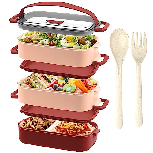 OITUGG Lunch Box 3 Etagen - 2200ml Bento Box für Erwachsene - Brotdose Schule für Kinder, mit Besteck und 3 stk Fächern Einstellbar, BPA Frei, Mikrowellengeeignet, Rot, ohne Edelstahl Inner von OITUGG