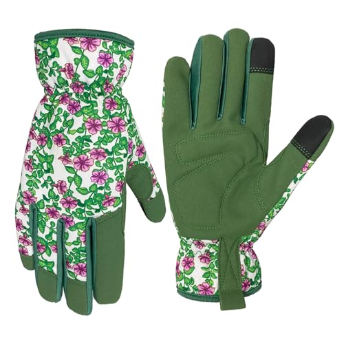 OIZEN Gartenhandschuhe für Frauen und Männer, Touchscreen Gartenhandschuhe, Dornenfeste und Durchstichfeste Arbeitshandschuhe, Gartengeschenke für Frauen, Größe Klein (Grün-lila Blüten, M) von OIZEN