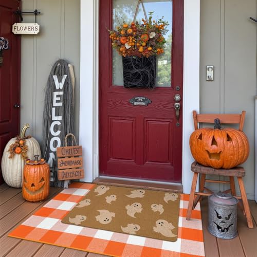 Halloween-Fußmatten, Herbst-Dekor-Kombi-Set, Polyester-Geister-Willkommensmatte + 71,1 x 109,2 cm, orange-weiß kariert, Vorleger, Eingang, mehrlagige Fußmatte, Innen- und Außenbereich, Türmatten für Halloween-Fußmatten, Herbst-Dekor-Kombi-Set, Polyester-Geister-Willkommensmatte + 71,1 x 109,2 cm, orange-weiß kariert, Vorleger, Eingang, mehrlagige Fußmatte, Innen- und Außenbereich, Türmatten für von OJIA