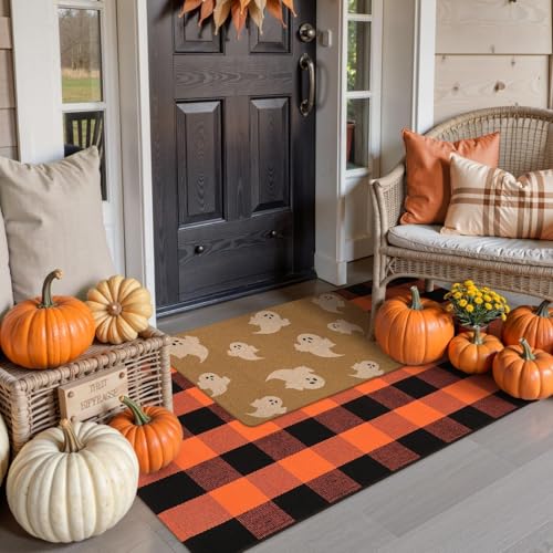 Halloween-Haustürmatte-Kombi-Set, Polyester-Geister-Willkommens-Fußmatte + 90 x 150 cm, schwarz-orangefarbener Büffelkarierter Teppich, Herbstdekoration, Veranda, Terrasse, Eingangsteppich von OJIA