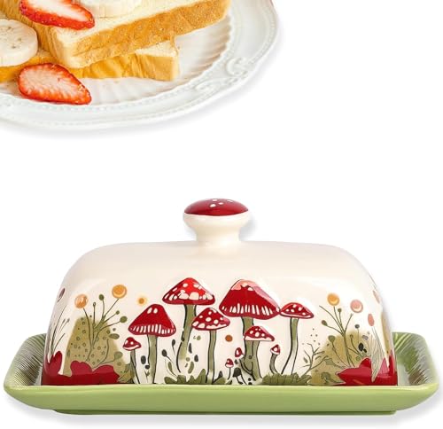 Keramik Butterdose mit Deckel, Porzellan Butterbehälter mit Tablett, Niedlich Pilzdesign Butterglocke für 250 g Butter, Haushalt und Küche Deko Theke, Frühstück & Geschenkideen, 19 x 10 cm, grüne von OJMHD