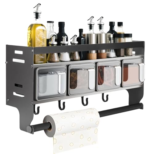 Küchenregal Wand Ohne Bohren, Gewürzregal Hängend, Gewürzregal Wand Mit Küchenrollenhalter, Gewürzständer Wand Aus Metall, Gewürz Organizer Regal Für Küchen Arbeitsplatte Schrank (mit 4 Gewürzbox) von OJTOJT