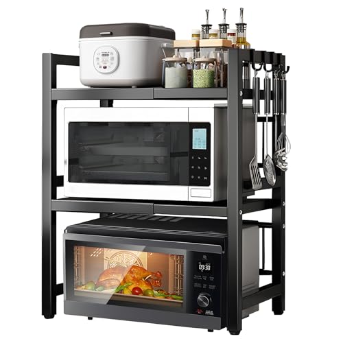 OJTOJT Mikrowellenregal Küchenregal Arbeitsplatte - Microwave Shelf 40-63CM Verstellbar, Hochwertiger Kohlenstahl, Tragfähig - Perfekt für Backöfen und schwere Küchengeräte (Schwarz, Doppelschicht) von OJTOJT