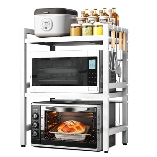 OJTOJT Mikrowellenregal Küchenregal Arbeitsplatte - Microwave Shelf 40-63CM Verstellbar, Hochwertiger Kohlenstahl, Tragfähig - Perfekt für Backöfen und schwere Küchengeräte (Weiß, Doppelschicht) von OJTOJT
