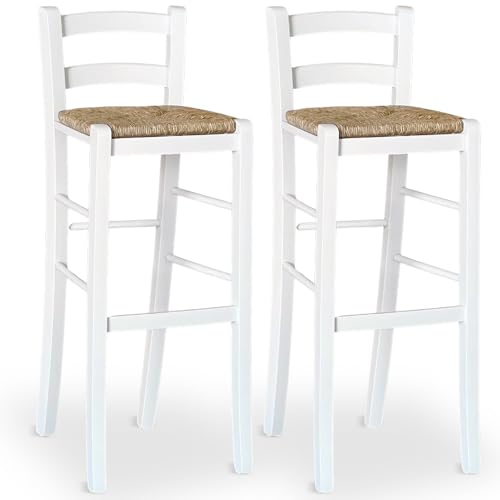 OKAFFAREFATTO MADDALONI 1 Paar 80 cm hohe Hocker aus weißem Holz mit Rückenlehne und Sitzfläche aus Stroh von OKAFFAREFATTO MADDALONI
