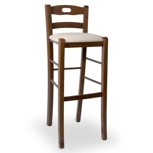 OKAFFAREFATTO MADDALONI Barhocker, Höhe 80 cm, aus dunklem Walnussholz mit Topflappen in der Rückenlehne und gepolsterter Sitzfläche aus Kunstleder, beige von OKAFFAREFATTO MADDALONI