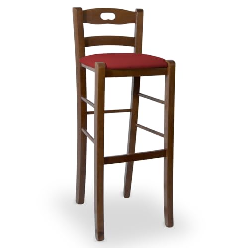 OKAFFAREFATTO MADDALONI Barhocker Höhe 80 cm aus dunklem Walnussholz mit Topflappen in der Rückenlehne und gepolsterter Sitzfläche aus rotem Kunstleder von OKAFFAREFATTO MADDALONI