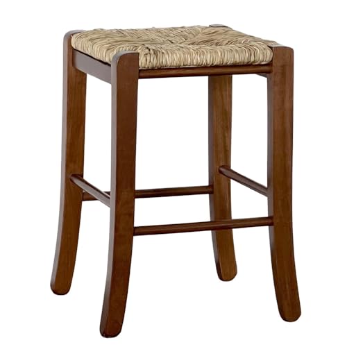 OKAFFAREFATTO MADDALONI Niedriger Barhocker aus Holz mit quandrierter Sitzfläche 30 x 30 cm aus Stroh aus dunklem Walnussholz Höhe 47 cm bereits montiert mit Säbelbeinen von OKAFFAREFATTO MADDALONI