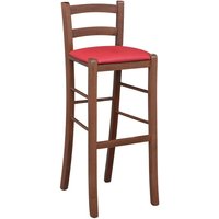 Hocker aus dunklem Walnussholz mit Rückenlehne 80 cm hoch, Sitz aus rotem Kunstleder Hocker aus dunklem Walnussholz mit Rückenlehne 80 cm hoch, Sitz aus rotem Kunstleder von OKAFFAREFATTO