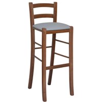 Hocker aus dunklem Walnussholz mit Rückenlehne 80 cm hoch, Sitz aus taubengrauem Kunstleder Hocker aus dunklem Walnussholz mit Rückenlehne 80 cm hoch, Sitz aus taubengrauem Kunstleder von OKAFFAREFATTO