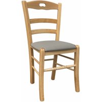 Loris-Stuhl aus Naturholz mit gepolstertem Sitz aus taubengrauem Kunstleder Loris-Stuhl aus Naturholz mit gepolstertem Sitz aus taubengrauem Kunstleder von OKAFFAREFATTO