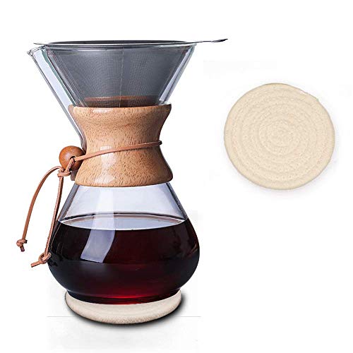 QLESHINING Wood Neck Pour Over Kaffeemaschine mit Permanentfilter und Untersetzer (800ml) von QLESHINING