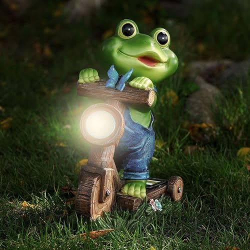 OKESYO Frosch Gartenfiguren mit Solarlampen für Außen, Wasserdicht Lustige Frosch Gartendeko mit Licht für Frauen Geburtstagsgeschenk Garten Balkon Deko, Auto Ein/Aus von OKESYO