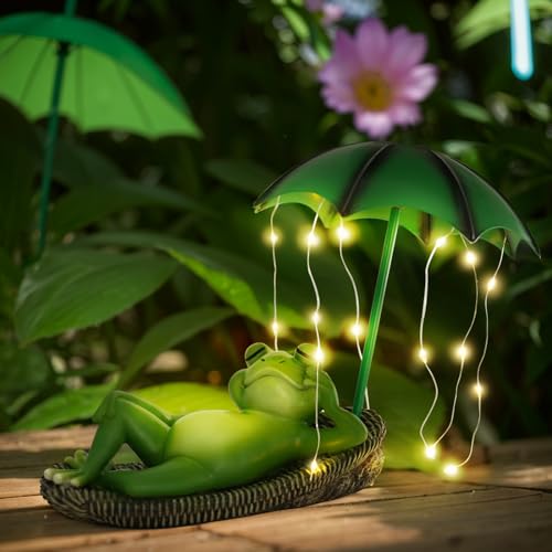OKESYO Frosch Gartenfiguren mit Solarlampen für Außen, Wasserdicht Lustige Frosch Gartendeko mit Regenschirmlicht für Frauen Geburtstagsgeschenk Garten Balkon Deko, Auto EIN/Aus von OKESYO
