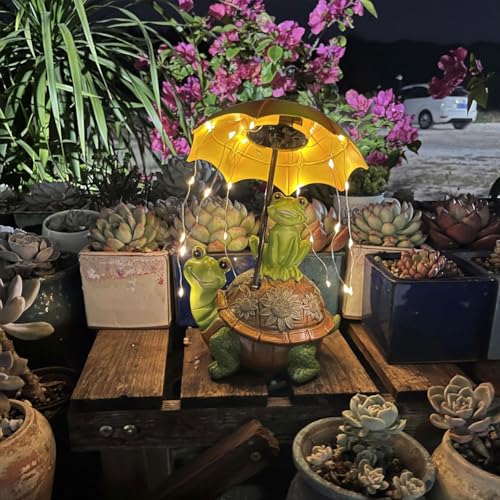 OKESYO Frosch Gartenfiguren mit Solarlampen für Außen, Wasserdicht Lustige Frosch Gartendeko mit Regenschirmlicht für Frauen Geburtstagsgeschenk Garten Balkon Deko, Auto EIN/Aus von OKESYO