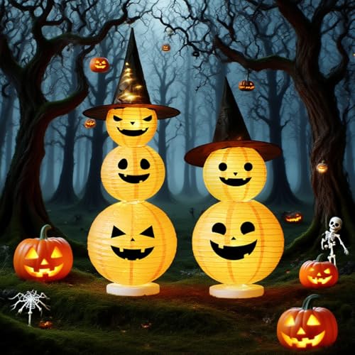 OKESYO Halloween Kürbis Laterne Deko, Kürbis Licht Led mit 3M Lichterkette und 2 Modi Licht, Leuchtende Kürbisse Laterne für Innen Außen Herbst Halloween Party deko von OKESYO