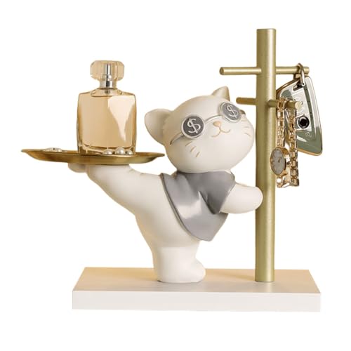 OKESYO Katze Skulptur Deko mit Tablett, Katze Figuren Statue, Fortune Cat Skulptur Wohnzimmer Deko Geschenk für Schlüsselbrett, Schmuck Tablett, Eingangsbereich, Büro von OKESYO