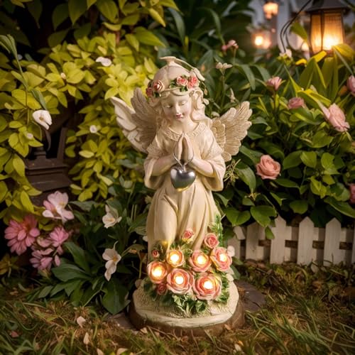 OKESYO Solar Engel Gartenfiguren für Außen mit 14 LED Solarleuchten, wasserdichte Fairy Engel GartenDeko, Engel Gartenstatue Geschenke für Außen Garten Balkon Gartendeko von OKESYO