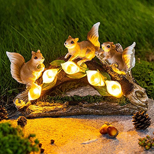 OKESYO Harz Eichhörnchen Garten Statue, Gartendeko Figuren Eichhörnchen, Solar Eichhörnchen Figuren Garten, Wetterfest Gartenfiguren Eichhörnchen für Außen Garten, Balkon und Terrasse von OKESYO