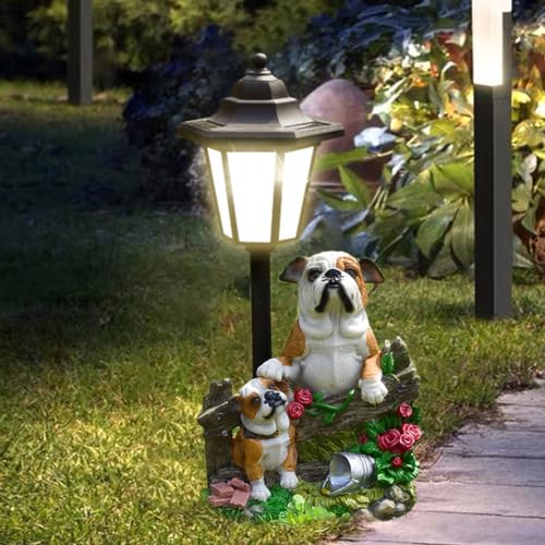 OKESYO Solar Hund Gartenfiguren für Außen, Hund Gartenstatuen mit Solar Lantern, Wetterfest Hund Solarlampe Gartendeko, MuttertagGeschenk für Haus, Hof, Rasen, Balkon Dekoration von OKESYO