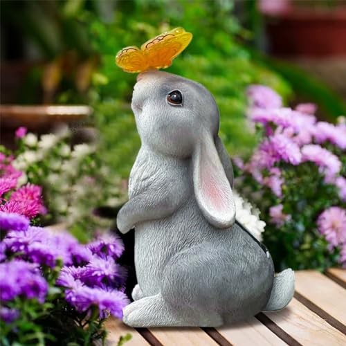 OKESYO Solar Kaninchen Gartendeko Gartenfiguren für Außen, Wetterfest Solarlampe Kaninchen Gartendeko, Kaninchen Gartenstatuen für Draußen Balkon Garten Geschenke von OKESYO