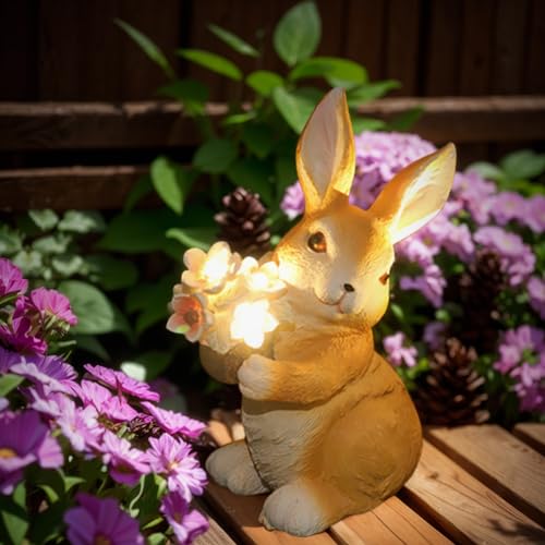 OKESYO Solar Kaninchen Gartendeko Gartenfiguren für Außen Deko mit Wetterfest LED Solarlampe Kaninchen Tier Figuren Gartendeko für Draußen Balkon Garten Geschenke von OKESYO