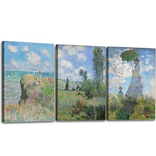 3-teiliger Leinwanddruck – Frau mit einem Sonnenschirm von Claude Monet Ölgemälde Impressionismus rustikale Landschaft für Wohnzimmer, Schlafzimmer, Büro, Giclée-Kunstwerk, 40.6x61 cm cm von OKEXCKK