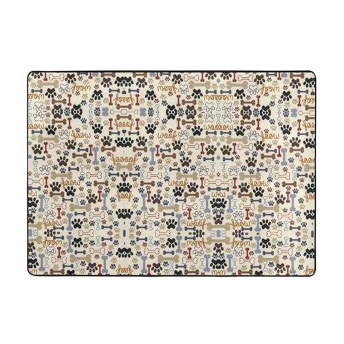 OKFSTY Flanell-Teppich mit Hundeknochen, Pfotenabdruck, 203 x 147 cm, winterfertig, rutschfester Teppich für Schlafzimmer, Balkon, saugfähig, langlebig von OKFSTY