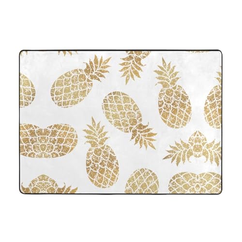 OKFSTY Flanell-Teppich mit goldenem Ananas-Hintergrund, 203 x 147 cm, winterfertig, rutschfester Teppich für Schlafzimmer, Balkon, saugfähig, langlebig von OKFSTY