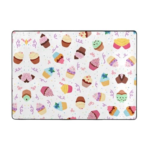 OKFSTY Flanell-Teppich mit köstlichen Cupcakes bedruckt, 203 x 147 cm, winterfertig, rutschfester Teppich für Schlafzimmer, Balkon, saugfähig, langlebig von OKFSTY