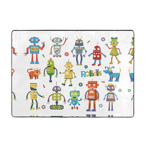 OKFSTY Flanell-Teppich mit niedlichem Cartoon-Roboterdruck, 203 x 147 cm, winterfertig, rutschfester Teppich für Schlafzimmer, Balkon, saugfähig, langlebig von OKFSTY