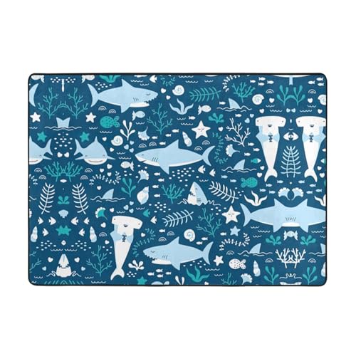 OKFSTY Flanell-Teppich mit süßem blauen Fischdruck, 203 x 147 cm, winterfertig, rutschfester Teppich für Schlafzimmer, Balkon, saugfähig, langlebig von OKFSTY