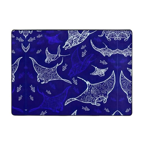 OKFSTY Manta Ray and Fish Printing Flanell-Teppich, 203 x 147 cm, winterfertig, rutschfester Teppich für Schlafzimmer, Balkon, saugfähig, langlebig von OKFSTY
