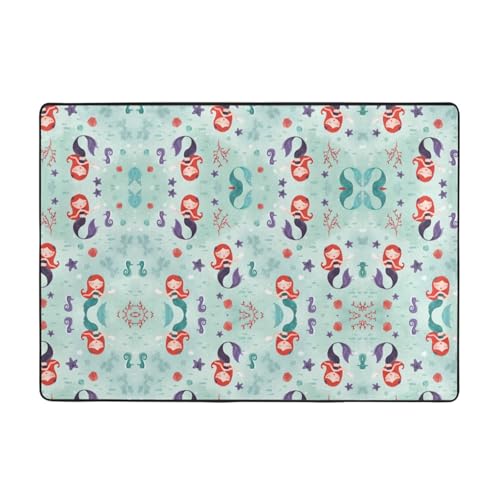 OKFSTY Schöner Flanell-Teppich mit Meerjungfrauen-Druck, 203 x 147 cm, winterfertig, rutschfester Teppich für Schlafzimmer, Balkon, saugfähig, langlebig von OKFSTY