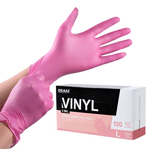 OKIAAS Einweghandschuhe Pink L, Vinyl Einmalhandschuhe Puderfrei, 5 mil, 100 Stück, Tattohandschuhe Latexfrei Handschuhe Einweg für Kochen, Grill, Putzen von OKIAAS