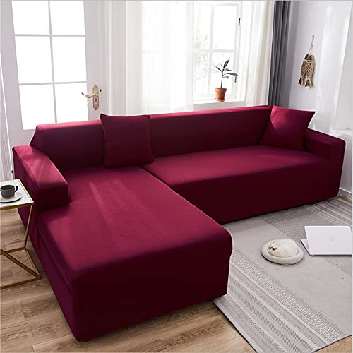 OKJK 2pcs Sofa überzug ecksofa für Wohnzimmer elastischer überwurf Sofa für Leder sofabezug l Form, Couch überzug l Form (Wine red,2 Seater + 2 Seater) von OKJK