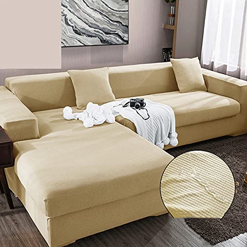 OKJK Jacquard Couchbezug, Plaid Fleece Plain Stretch L-Form Sofabezug Einfache wasserdichte Sofa überzug Für Wohnzimmer 1/2/3/4 Sitzer mit Kissenbezug (Beige,B-B 3 seat 190-230cm) von OKJK