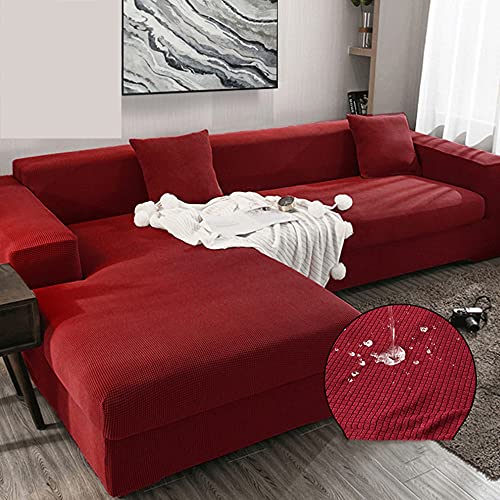 OKJK Jacquard Couchbezug, Plaid Fleece Plain Stretch L-Form Sofabezug Einfache wasserdichte Sofa überzug Für Wohnzimmer 1/2/3/4 Sitzer mit Kissenbezug (Wine red,B-B 4 seat 235-300cm) von OKJK